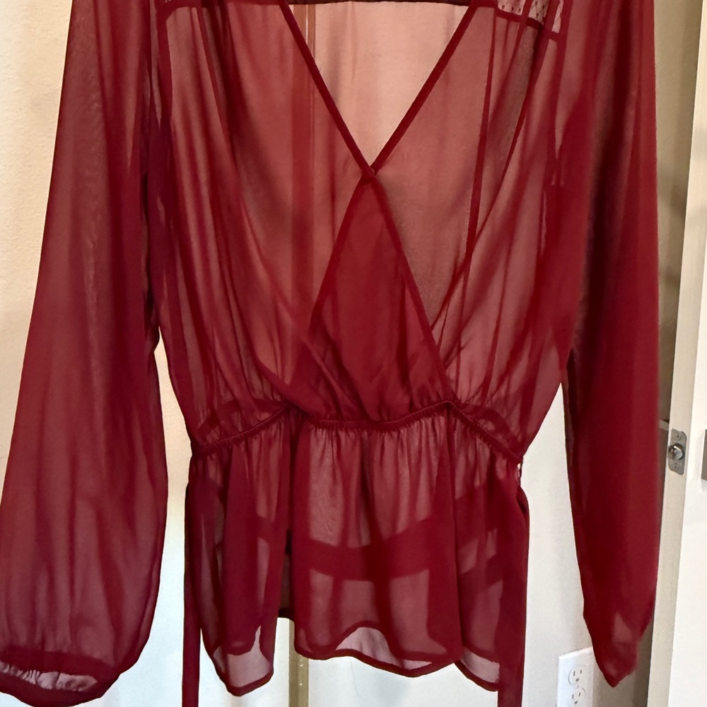 NWOT Express Sheer red Wrap Top with Mesh lace detailing (size s) - Picture 2 of 5